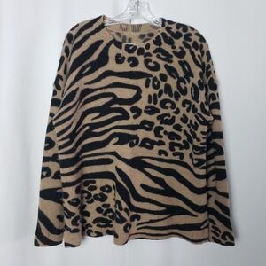 100% Cashmere Sweater Size L Petite Mixed Animal Print Zebra Leopard